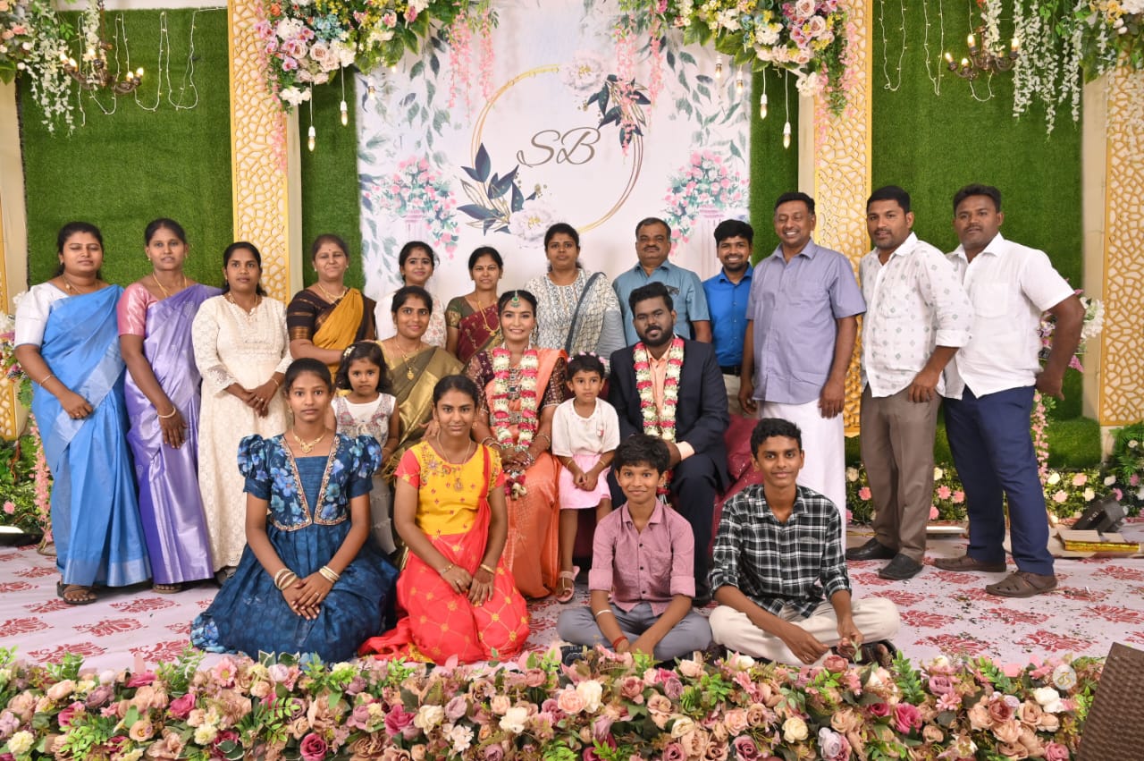 Family gathered on the decorated stage